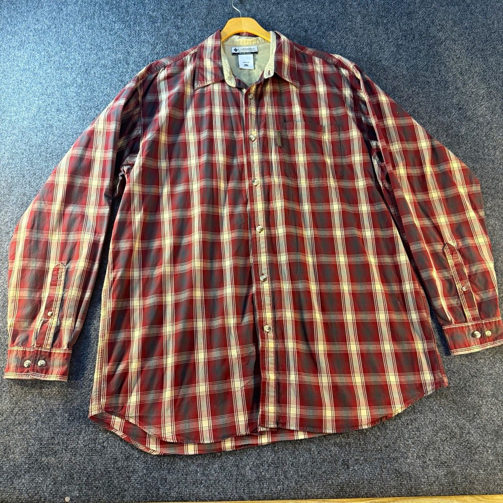 Columbia Shirt Mens XLT Big & Tall Red Gray White Plaid Long Sleeve Button Up